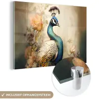 MuchoWow Glasschilderij 180x120 cm - Schilderij acrylglas - Pauw - Pauwenveren - Bloemen - Vogels - Botanisch - Foto op glas - Muurdecoratie woonkamer - Wanddecoratie slaapkamer - Schilderijen