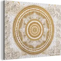 MuchoWow Wanddecoratie Metaal - Aluminium Schilderij Industrieel - Mandala - Bloemen - Goud - Wit - Design - 160x120 cm - Dibond - Foto op aluminium - Industriële muurdecoratie - Voor de woonkamer/slaapkamer