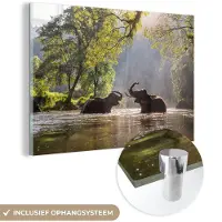 MuchoWow Glasschilderij 90x60 cm - Schilderij acrylglas - Olifant - Water - Dieren - Bomen - Zon - Foto op glas - Schilderijen