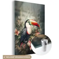 MuchoWow Glasschilderij 90x120 cm - Schilderij acrylglas - Toekan - Vogels - Bloemen - Planten - Tropisch - Foto op glas - Muurdecoratie woonkamer - Wanddecoratie slaapkamer - Schilderijen