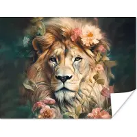 PosterMonkey Poster Leeuw - Leeuwenkop - Wilde dieren - Bloemen - 80x60 cm