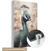 MuchoWow Glasschilderij 120x180 cm - Schilderij acrylglas - Pauw - Vogels - Bloemen - Boom - Botanisch - Foto op glas - Muurdecoratie woonkamer - Wanddecoratie slaapkamer - Schilderijen