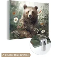 MuchoWow Glasschilderij 160x120 cm - Schilderij acrylglas - Bruine beer - Wilde dieren - Bloemen - Planten - Foto op glas - Muurdecoratie woonkamer - Wanddecoratie slaapkamer - Schilderijen
