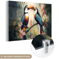 MuchoWow Glasschilderij 180x120 cm - Schilderij acrylglas - Toekan - Vogels - Bloemen - Natuur - Jungle - Foto op glas - Muurdecoratie woonkamer - Wanddecoratie slaapkamer - Schilderijen