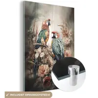MuchoWow Glasschilderij 90x120 cm - Schilderij acrylglas - Papegaaien - Vogels - Natuur - Bloemen - Foto op glas - Muurdecoratie woonkamer - Wanddecoratie slaapkamer - Schilderijen