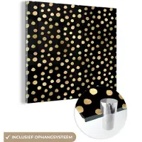 MuchoWow Glasschilderij 90x90 cm - Schilderij acrylglas - Goud - Stippen - Patroon - Zwart - Foto op glas - Schilderijen