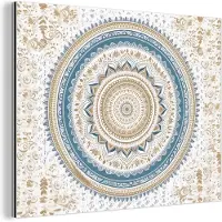 MuchoWow Wanddecoratie Metaal - Aluminium Schilderij Industrieel - Mandala - Blauw - Bohemian - Wit - Design - 160x120 cm - Dibond - Foto op aluminium - Industriële muurdecoratie - Voor de woonkamer/slaapkamer