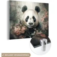 MuchoWow Glasschilderij 160x120 cm - Schilderij acrylglas - Panda - Dieren - Bloemen - Planten - Foto op glas - Muurdecoratie woonkamer - Wanddecoratie slaapkamer - Schilderijen