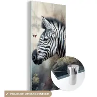 MuchoWow Glasschilderij 40x80 cm - Schilderij acrylglas - Zebra - Wilde dieren - Vlinder - Bloemen - Foto op glas - Muurdecoratie woonkamer - Wanddecoratie slaapkamer - Schilderijen