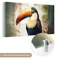 MuchoWow Glasschilderij 160x80 cm - Schilderij acrylglas - Toekan - Vogel - Bloemen - Planten - Foto op glas - Muurdecoratie woonkamer - Wanddecoratie slaapkamer - Schilderijen