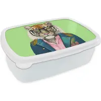 MuchoWow Broodtrommel Wit - Lunchbox - Brooddoos - Bloemen - Bril - Tijger - Dieren - Safari - 18x12x6 cm - Volwassenen