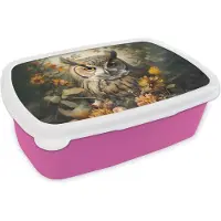 MuchoWow Broodtrommel Roze - Lunchbox Uil - Vogels - Bloemen - Natuur - Brooddoos 18x12x6 cm - Brood lunch box - Broodtrommels voor kinderen en volwassenen