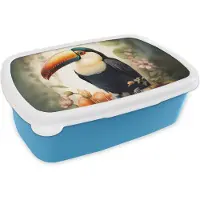 MuchoWow Broodtrommel Blauw - Lunchbox Toekan - Vogel - Bloemen - Planten - Brooddoos 18x12x6 cm - Brood lunch box - Broodtrommels voor kinderen en volwassenen