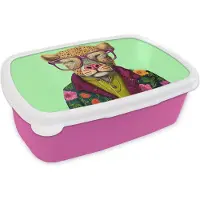 MuchoWow Broodtrommel Roze - Lunchbox - Brooddoos - Dieren - Bril - Hond - Design - 18x12x6 cm - Kinderen - Meisje