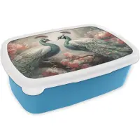 MuchoWow Broodtrommel Blauw - Lunchbox Pauwen - Pauwenveren - Vogels - Bloemen - Natuur - Brooddoos 18x12x6 cm - Brood lunch box - Broodtrommels voor kinderen en volwassenen