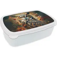 MuchoWow Broodtrommel Wit - Lunchbox Uil - Vogel - Bloemen - Planten - Botanisch - Brooddoos 18x12x6 cm - Brood lunch box - Broodtrommels voor kinderen en volwassenen
