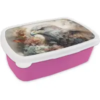 MuchoWow Broodtrommel Roze - Lunchbox Arend - Adelaar - Vogel - Bloemen - Natuur - Brooddoos 18x12x6 cm - Brood lunch box - Broodtrommels voor kinderen en volwassenen