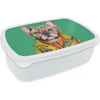 MuchoWow Broodtrommel Wit - Lunchbox - Brooddoos - Bulldog - Bril - Design - Hond - Dieren - 18x12x6 cm - Volwassenen