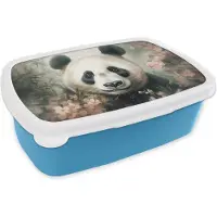 MuchoWow Broodtrommel Blauw - Lunchbox Panda - Dieren - Bloemen - Planten - Brooddoos 18x12x6 cm - Brood lunch box - Broodtrommels voor kinderen en volwassenen