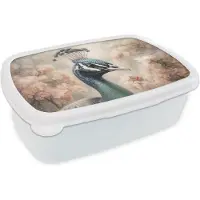MuchoWow Broodtrommel Wit - Lunchbox Pauw - Vogels - Bloemen - Boom - Botanisch - Brooddoos 18x12x6 cm - Brood lunch box - Broodtrommels voor kinderen en volwassenen