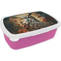 MuchoWow Broodtrommel Roze - Lunchbox Uil - Vogel - Bloemen - Planten - Botanisch - Brooddoos 18x12x6 cm - Brood lunch box - Broodtrommels voor kinderen en volwassenen