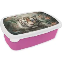 MuchoWow Broodtrommel Roze - Lunchbox Tijger - Vlinders - Dieren - Jungle - Bloemen - Brooddoos 18x12x6 cm - Brood lunch box - Broodtrommels voor kinderen en volwassenen
