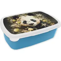 MuchoWow Broodtrommel Blauw - Lunchbox Panda - Pandabeer - Wilde dieren - Natuur - Bloemen - Brooddoos 18x12x6 cm - Brood lunch box - Broodtrommels voor kinderen en volwassenen