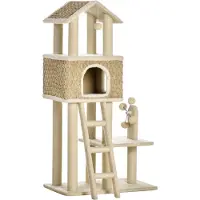 PawHut Kattenmeubel D30-431, met kattenhol, inclusief speeltje, jute stelen, groot platform, spaanplaat, pluche, 131 cm