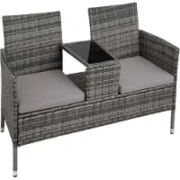 TecTake - wicker tuinbank met tafel, 2-zitsbank, 131 x 61 x 82 cm, bank voor tuinbalkon en terras, tuinbank inclusief zitkussen - grijs/lichtgrijs - poly-rattan