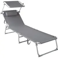 TecTake - ligstoel, robuust, verstelbaar, stalen onderstel met zonnescherm, 4-standen rugleuning inclusief hoofdkussen, strandstoel Ideaal voor tuin, zwembad, camping - grijs