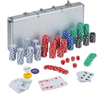Relaxdays Pokerdoos, 500 pokerfiches (zonder waarde), 2 kaartspellen, 5 dobbelstenen, set knoppen, afsluitbaar, aluminium, zilver
