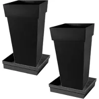 Eda Set van 2x stuks bloempotten Toscane vierkant kunststof antraciet 43 x 43 x 80 cm inclusief onderschalen - Bloempot set