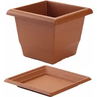 Forte Plastics 4x stuks vierkante plantenbakken terra cotta kleur met opvangschaal 31 x 31 x 24 cm - Kunststof - Binnen/buiten gebruik