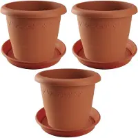 Hega hogar 3x stuks bloempotten met onder opvangschaal in kleur terra cotta - rond diameter pot 40 cm - Plantenpotten/bakken