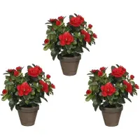 Mica Decorations Kunstplant - 3x - Azalea - groen/rood - 27 cm - Met mooie bloemen