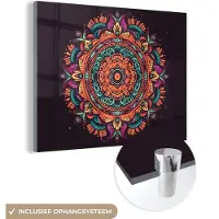 MuchoWow Glasschilderij 160x120 cm - Schilderij acrylglas - Mandala - Bloemen - Hippie - Boho - Oranje - Foto op glas - Schilderijen