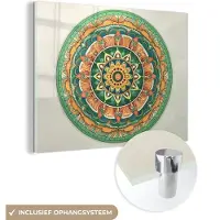 MuchoWow Glasschilderij 160x120 cm - Schilderij acrylglas - Hippie - Mandala - Groen - Boho - Bloemen - Foto op glas - Schilderijen
