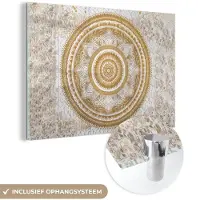 MuchoWow Glasschilderij 150x100 cm - Schilderij acrylglas - Mandala - Bloemen - Goud - Wit - Design - Foto op glas - Schilderijen