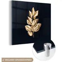 MuchoWow Glasschilderij 90x90 cm - Schilderij acrylglas - Plant - Bladeren - Goud - Zwart - Luxe - Foto op glas - Schilderijen