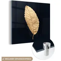 MuchoWow Glasschilderij 20x20 cm - Schilderij acrylglas - Black en gold - Bladeren - Zwart - Planten - Luxe - Foto op glas - Schilderijen