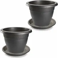 Forte Plastics 3x stuks bloempotten met onder opvangschaal in kleur antraciet grijs - rond diameter 40 cm - Plantenpotten/bakken
