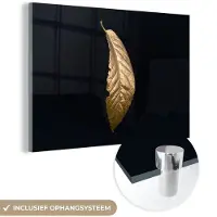 MuchoWow Glasschilderij 30x20 cm - Schilderij acrylglas - Bladeren - Luxe - Goud - Zwart - Natuur - Foto op glas - Schilderijen