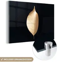 MuchoWow Glasschilderij 30x20 cm - Schilderij acrylglas - Bladeren - Goud - Zwart - Planten - Luxe - Foto op glas - Schilderijen