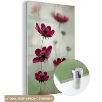 MuchoWow Glasschilderij - Bloemen - Rood - Roze - Botanisch - Natuur - Schilderij glas - Wanddecoratie - 80x120 cm - Foto op glas - Glazen plaat