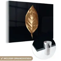 MuchoWow Glasschilderij 90x60 cm - Schilderij acrylglas - Bladeren - Chic - Goud - Planten - Zwart - Foto op glas - Schilderijen