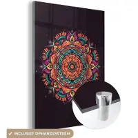 MuchoWow Glasschilderij 120x160 cm - Schilderij acrylglas - Mandala - Bloemen - Hippie - Boho - Oranje - Foto op glas - Schilderijen