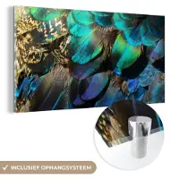 MuchoWow Glasschilderij 160x80 cm - Schilderij acrylglas - Veren - Pauwveren - Pauw - Blauw - Kunst - Foto op glas - Schilderijen