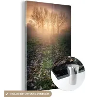 MuchoWow Glasschilderij - Bomen - Mist - Herfstbladeren - Natuur - Foto op glas - 20x30 cm - Schilderij glas