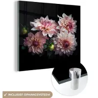 MuchoWow Glasschilderij 20x20 cm - Schilderij acrylglas - Dahlia - Wit - Bloemen - Roze - Natuur - Foto op glas - Schilderijen