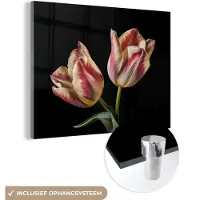 MuchoWow Glasschilderij 40x30 cm - Schilderij acrylglas - Tulpen - Bloemen - Roze - Wit - Natuur - Foto op glas - Schilderijen